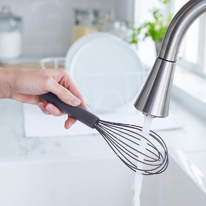 GreenPan Silicone Whisk, Mixing Blending Beating Stirring Cooking Kitchen Utensil, Flexible Rubber Nonstick Cookware, Rigid Steel Core, Heat-Resistant, Anti-Slip Handle, BPA-Free Dishwasher Safe, Gray