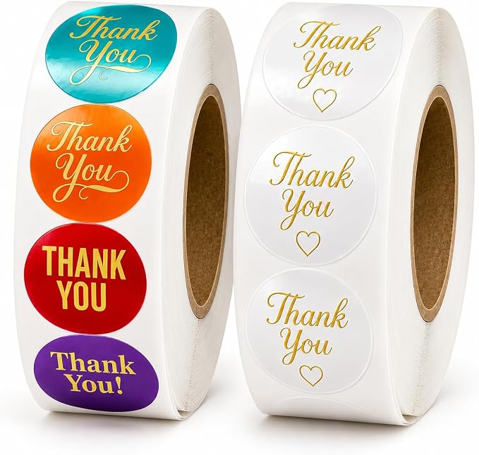 1000 Thank You Stickers Roll, 1 Inch Round Thank You Labels, Bulk Thank You Stickers for Small Business Packaging, Boxes, Bags, Envelopes & Party Favors, 2 Rolls of 500, Multicolor & Clear