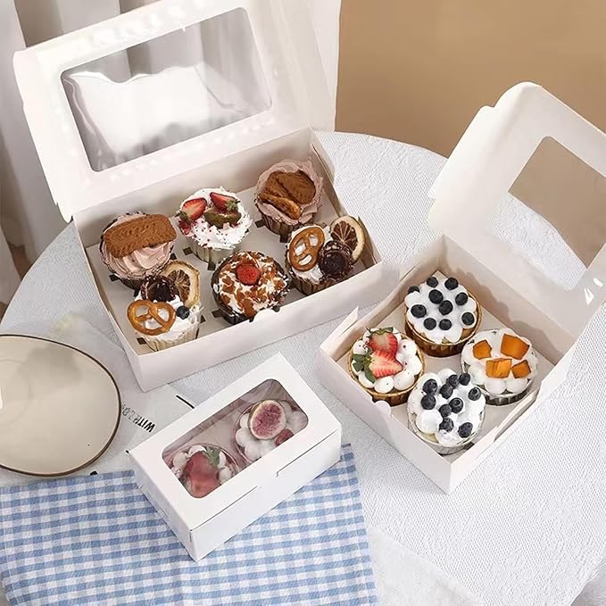 30 Pack Cupcake Boxes Bulk with Clear Display Window Hold 4 Standard Cupcakes, Disposable Food Grade White Cupcake Carrier Cupcake Container, Perfect for Cupcakes Muffins Cookies Pastries