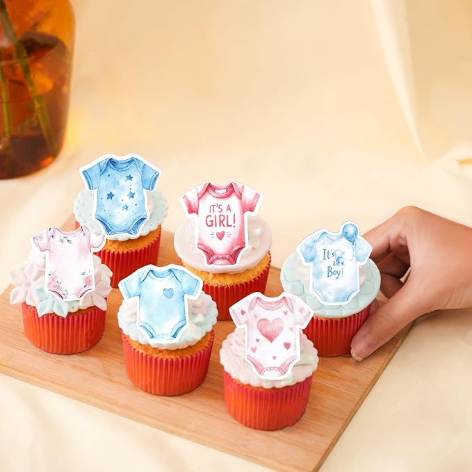 64 PCS Edible Bodysuit Cupcake Toppers Gender Reveal Cupcake Picks Edible It's a Boy Girl Gingham Theme Party Decorations for Gender Reveal Baby Shower Birthday Party Cake Decorations Supplies