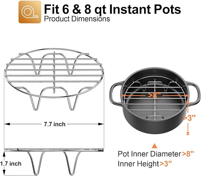 GSlife Trivet for Instant Pot Steamer Rack - Stainless Steel Accessories, 7.7 Inch Steam Rack Fits 6, 8 Qt Pressure Cooker, Cooking Cooling Steaming Baking Stand, 1 Pack