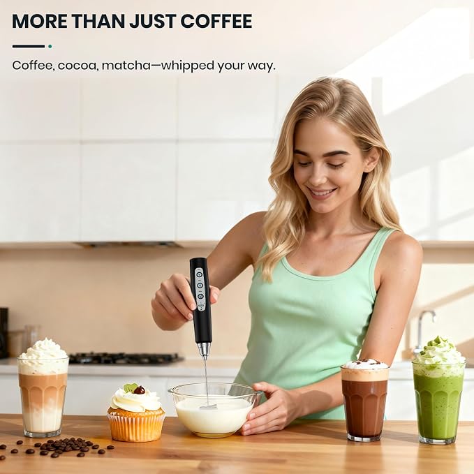 Colarlemo Milk Frother Handheld Rechargeable with Stand, Frother Wand Drink Mixer Electric Whisk for Coffee, Detachable With 3 Stainless Whisks, Hand Mixer for Lattes, Cappuccino, Matcha, Egg, Black