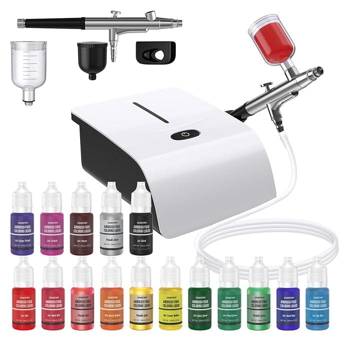 Cake Decorating Kit with Compressor, Cookie Airbrush with 12 Food Coloring Liquids and 4 Metallic, Food Airbrush Set for Dessert, Cupcakes Decorating