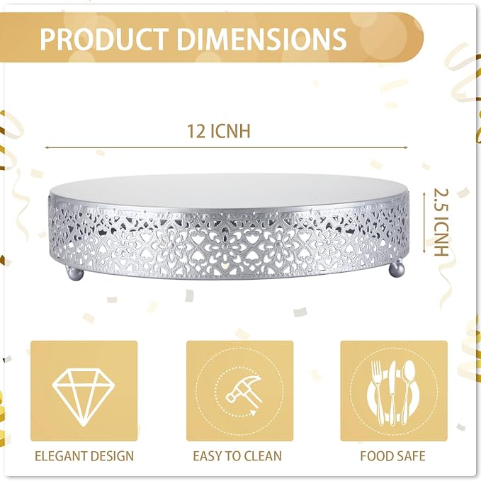 Wenqik Cake Stand 12 Inch Round Metal Cupcake Dessert Wedding Cake Stand Cookies Display Holder Fruit Serving Tray for Table Wedding Birthday Anniversary Party, Silver