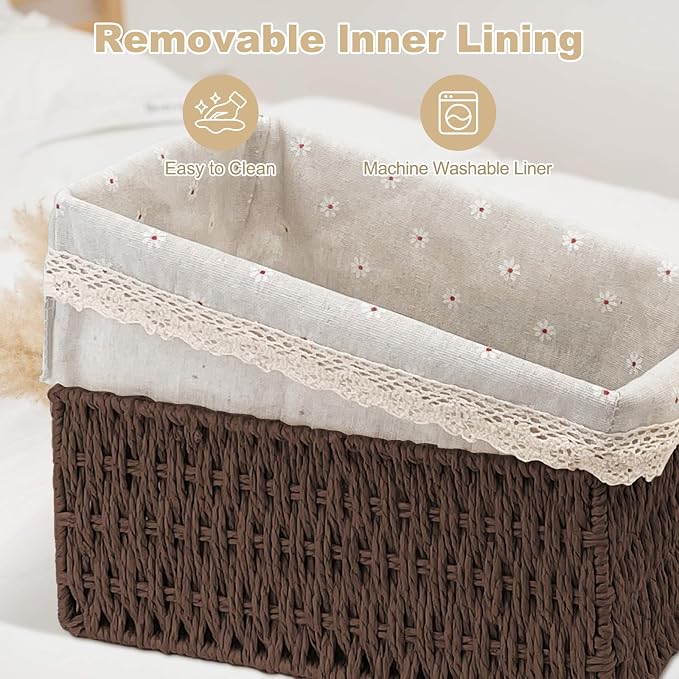 Wicker Storage Baskets 3-Pack Set, Hand-Woven Paper Rope Rattan Bins with Removable Liner, Multi-Size Organizer Baskets for Pantry, Countertop, Bedroom, Bathroom, Shelves (Dark-Brown, L+M+S)