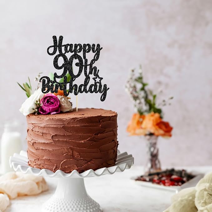 Gyufise 1Pc Happy 90th Birthday Cake Topper Glitter 90 & Fabulous Cheers to 90 Years Old Birthday Cake Pick for Celebrating 90th Birthday Anniversary Party Cake Decorations Supplies Black
