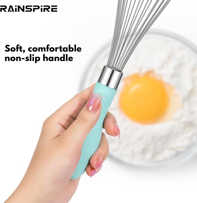Rainspire 12-Inch Wire Whisk Stainless Steel, Balloon Whisks for Cooking, Wisk Wisking Tool With Soft Silicone Handle, Thick Durable Whisker for Blending, Beating, Whisking, Stirring, Mint Green