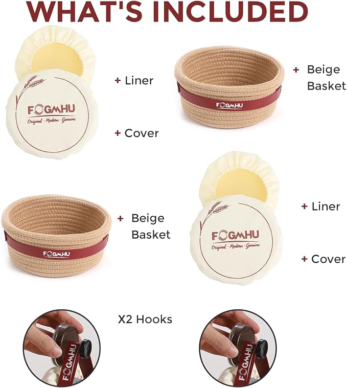 2-Pack Banneton Bread Proofing Baskets – Sourdough Starter Kit for Home Bakers, Cotton Rope Bannetons with Liners, Hanging Hooks, Dough Guide (9" Round)