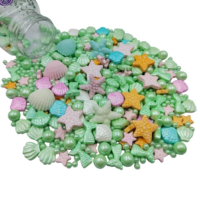 Homankit Mermaid Sprinkle Sweets Sprinkles for Baking Dessert Cupcake Cake Topper Starfish Shell Pearl Mermaid Candy Mix 3.53 Ounces Green