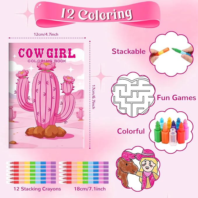BenLouis 12 Cowgirl Mini Coloring Books Kids with 12 Stacking Crayons Western Girl Party Favors Small Activity Books Bulk for Kids Wild West Horse Party Gift Goodie Bag Stuffers