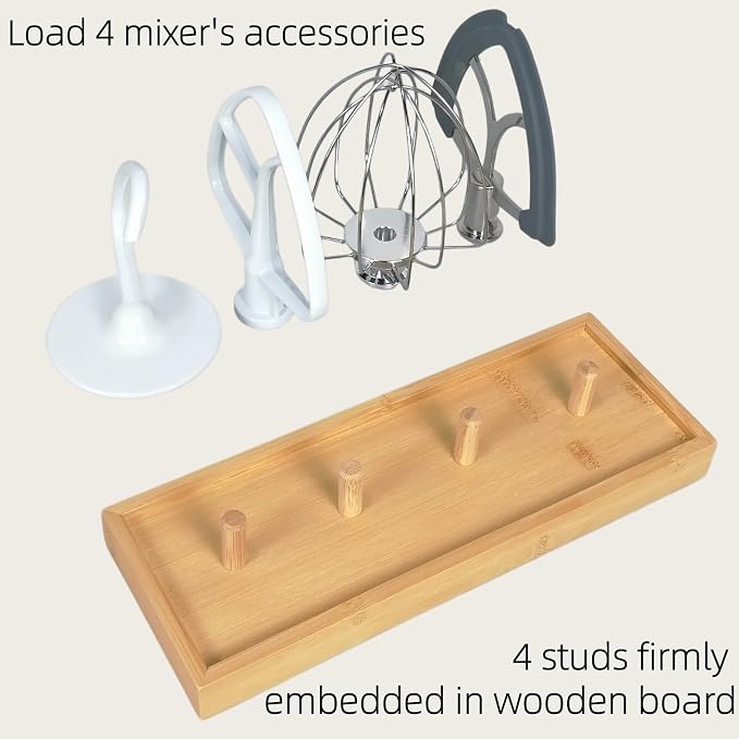 4 Stations Stand Mixer Attachment Holders for KitchenAid Mixer Accessories | As resting spot while switching attachments during dough mixing, Air dry tray after washing, Bamboo nature tray with 4 pegs