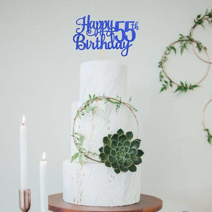 1 PCS Happy 55th Birthday Cake Topper Glitter Cheers to 55 Years Birthday Cake Pick Fifty Five 55 Fabulous Cake Decoration for Happy 55th Birthday Theme Party Decorations Supplies Blue