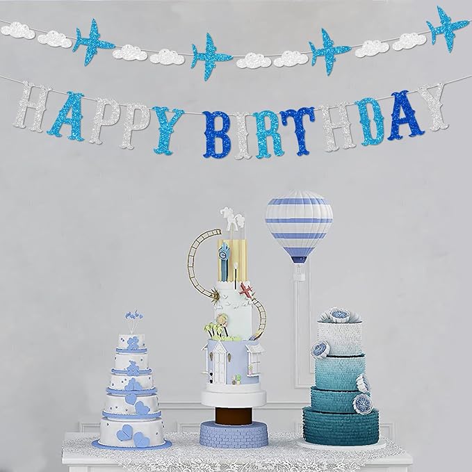 Zwiebeco Blue White Silver Happy Birthday Banner Sign Airplane Clouds Theme Hanging Paper Party Decorations for Babys Kids Boys Girls Children's Accessories Supplies