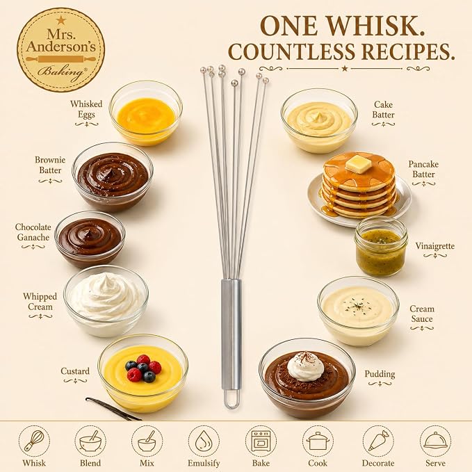 Mrs. Anderson's Baking Stainless Steel Ball Whisk, Flexible Wire Design For Whisking Eggs, Sauces, Dressings, And Desserts