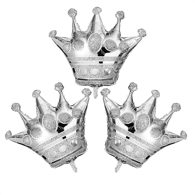 3Pcs Silver Crown Balloons – Reusable Foil Silver Balloons Set in Large 39" Size, Self-Sealing & Easy to Inflate, Durable – Suitable for Weddings, Birthday Celebrations & Princess Theme Decorations