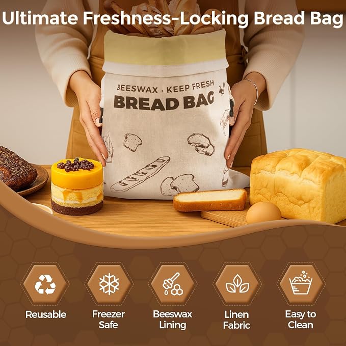 YARRAMATE Reusable Beeswax Bread Bags for Homemade Bread & Sourdough, 2 Pack XL 17x13in Linen Organic Bread Storage Bags for Loaf, Baguette, Bagels and Sandwich Bread, Freezer Safe, Brown