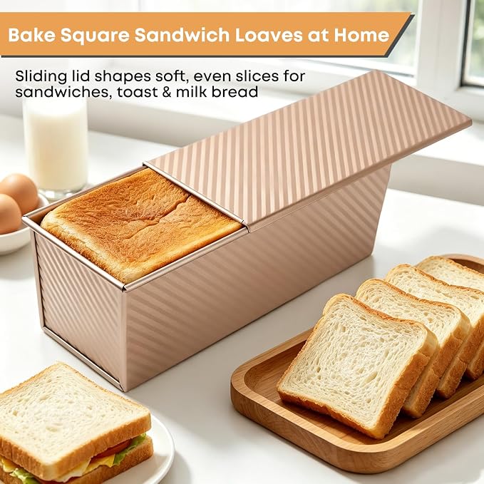 Pullman Loaf Pan with Lid Set of 3, Aluminized Steel Bread Pans for Homemade Sandwich Bread, 4 Inch Mini, 8.4 Inch Daily and 13 Inch Family Loaf Pans for Oven Baking