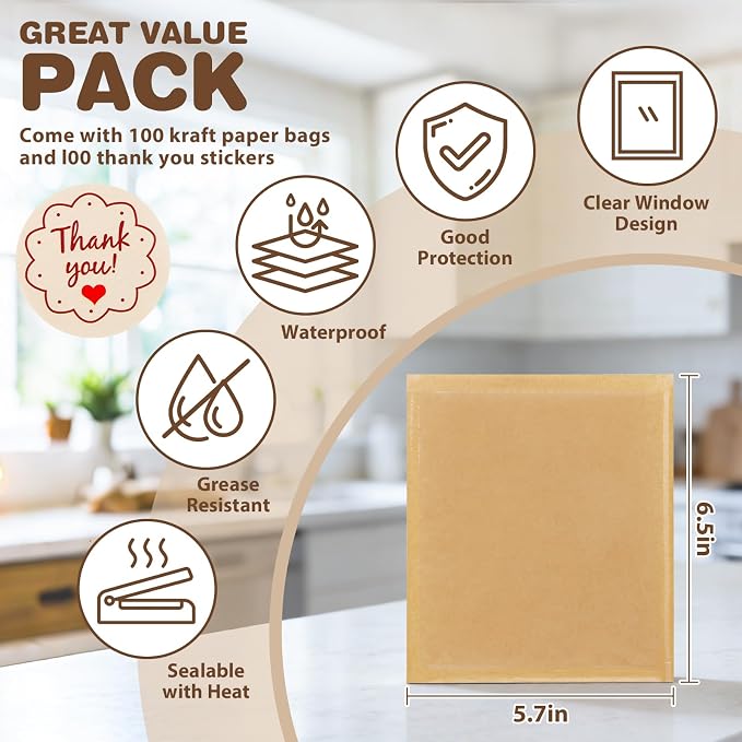 T-Raputa 100 Pack Cookie Bags,5.7x6.5 Inch Individual Heat Sealable Kraft Bakery Bags, Grease Resistant To Go Bakery Bags with Window for Brownie, Donut, Snack, Scone