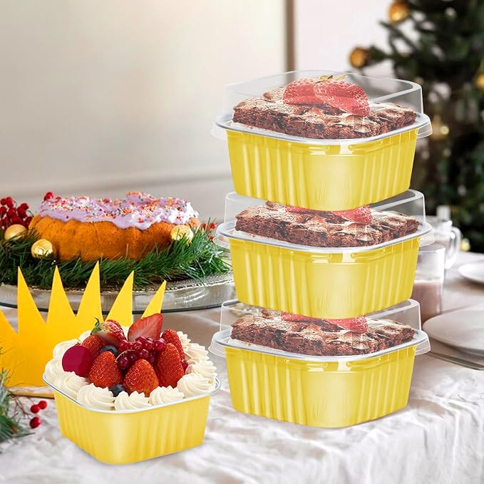 200Pack 5oz Gold Mini Cake Pans with Lids Baking Cups Aluminum Foil Pans Tins, Individual Dessert Cups Containers for Sales,Party,Picnics