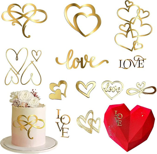 12 Pcs Acrylic Love Heart Cake Topper, Gold Heart Cake Toppers, Valentine's Day Cake Decoration, Wedding Cake Toppers, Anniversary Engagement Birthday Party Supplies