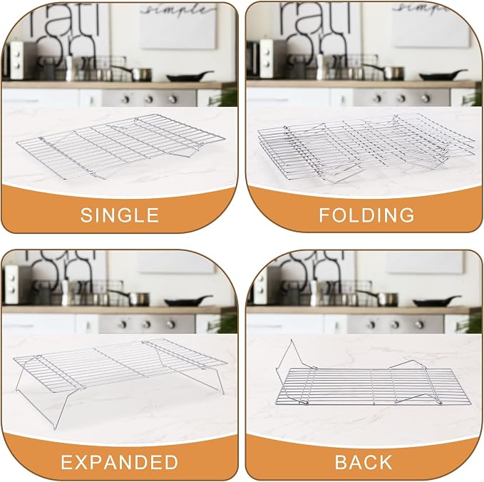 Cooling Rack for Baking 3 Tiers, 16" x 10" Cookie Cooling Wire Rack Stackable Collapsible Nonstick, Stainless Steel Baking Cooking Cooling Racks with Optimum Air Flow, Silver