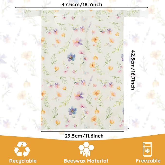Reusable Beeswax Bread Bags - 2 Pack Bees Wax Food Bag, Homemade Sourdough Bread Storage, 2-in-1 Linen Cotton Large Freezer Container Home Baking Accessories with Lining (Wildflower)