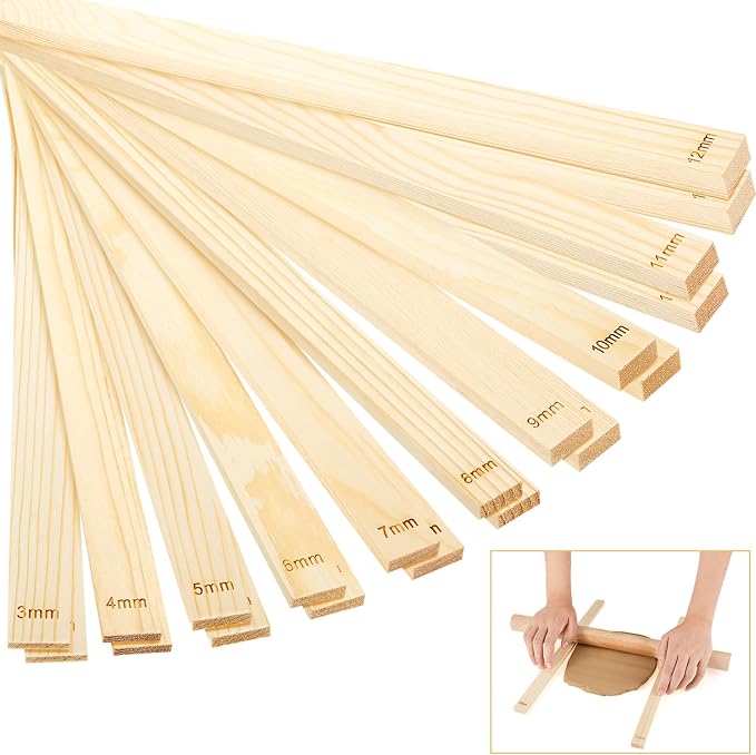 Sasylvia 20 Pcs Clay Pottery Rolling Pin Guides Wood Teaching Rolling Mud Stick Guide Set Polymer Clay Depth Thickness Guide Pottery Mudboard Tools (10 Size,Wood Color)