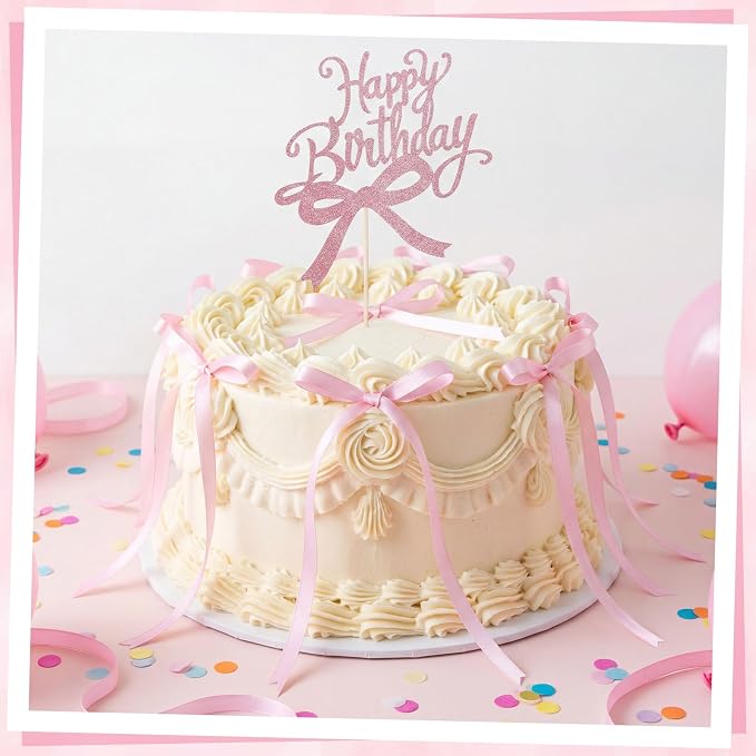 Bow Cake Toppers 18 PCS Pink Ribbon Bows for Cake with 1 PCS Happy Birthday Cakes Topper Coquette Themed Bow Birthday Decorations for Wedding, Bridal Shower, Baby Shower, Bachelorette