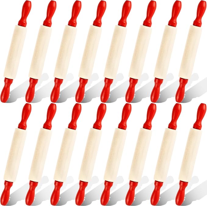 16 Pcs 8 Inch Mini Wooden Rolling Pins Small Wood Rolling Pin Wooden Roller with Red Handle for Kitchen Baking Pastry Cake Cookie Chef Role-playing Game