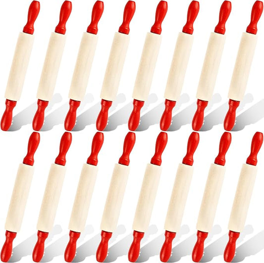 16 Pcs 8 Inch Mini Wooden Rolling Pins Small Wood Rolling Pin Wooden Roller with Red Handle for Kitchen Baking Pastry Cake Cookie Chef Role-playing Game