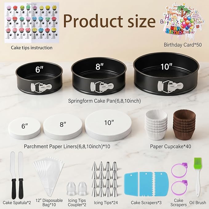 168Pcs Cake Pan Sets for Baking+ Cake Decorating Supplies, 6/8/10 Inch Round Cake Pan, 3 Nonstick Springform Cake Pans, Cheesecake Baking Pans withPiping Bags, 24 Pcs Nozzles, 3 Pcs Scrappers