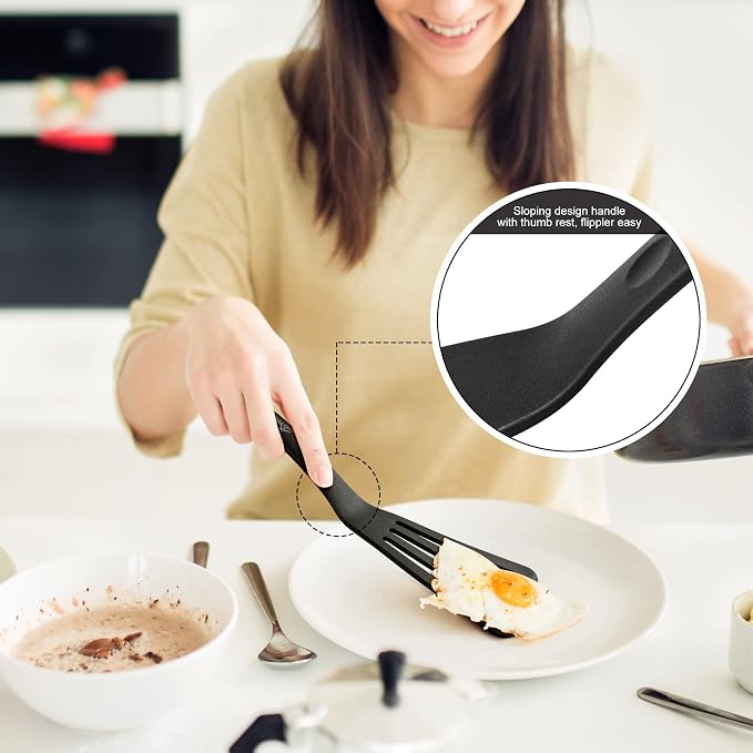 HOTEC 600℉ Heat Resistant Silicone Slotted Fish Turner Spatula Set, BPA Free Flipper Cooking Spatulas, for Non Stick Cookware Dishwasher Safe, Black