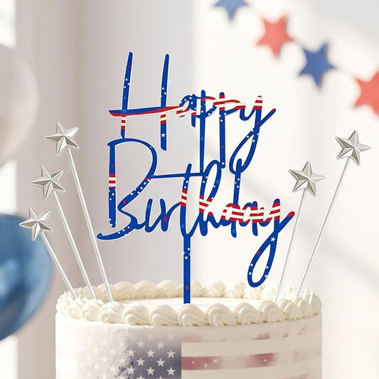 Happy 18th Birthday Cake Toppers, Patriotic Themed Acrylic Cake Decorations with 5pcs Star for Boys Girls Men Women Birthday Anniversary Party Decor Supplies