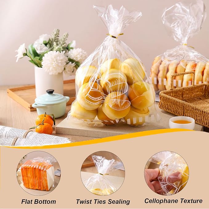 Reusable Plastic Bread Bags for Homemade Bread - 11‘'x14'' Clear Bakery Bag with Twist Tie Closure Reduces Moisture,Cello Pastry Storage for Sourdough, Artisan Loaves, Bagels or Buns