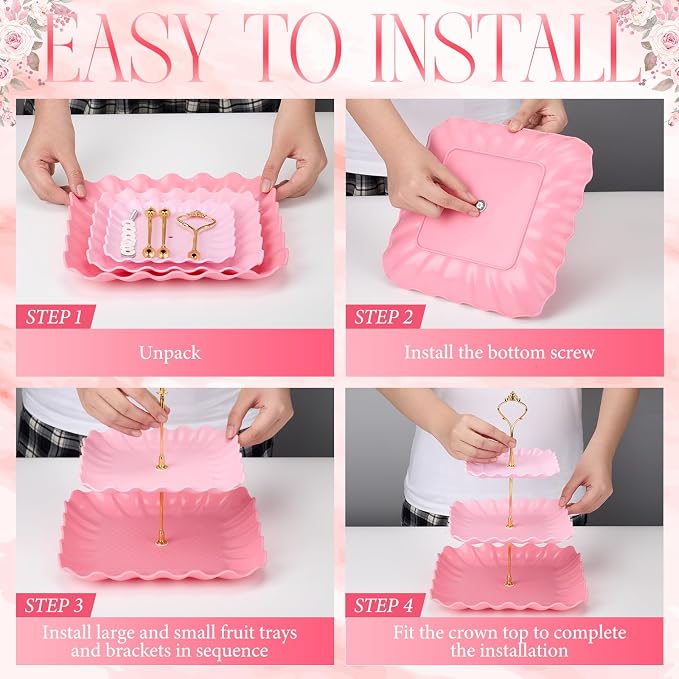 FoldTier 6 Pack Cupcake Stand Set 3 Pcs 3 Tier Gradient Dessert Table Display Stands Cookie Tray Rack 3 X14 in Rectangle Party Trays for Wedding Birthday Tea Party Baby Shower(Pink,Rectangle)