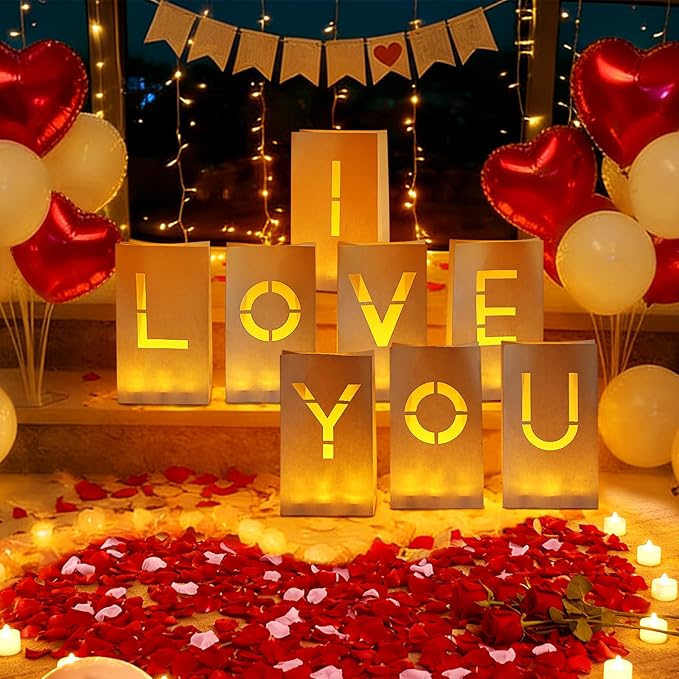 I Love You Light Up Letters, Luminary Paper Bags with LED Tea Lights Rose Petals Latex Heart Balloons for Her Valentines' Day Anniversary Wedding Proposal Decorations