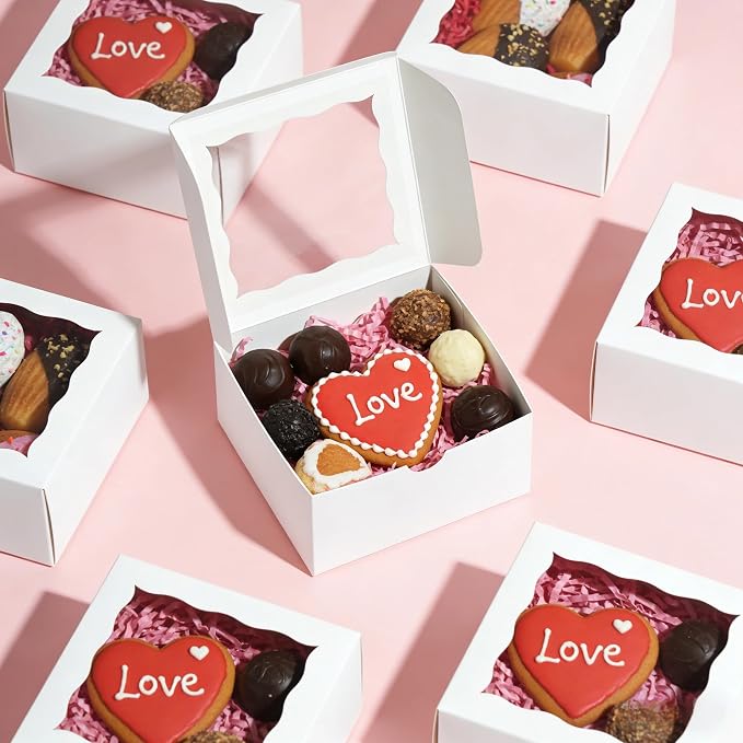 XINHPKGG 100pcs 5x5x2.5 Inch Cookie Boxes with window Bakery Boxes Dessert Treat Box Chocolate Covered Strawberries Box for Wedding Party Birthday