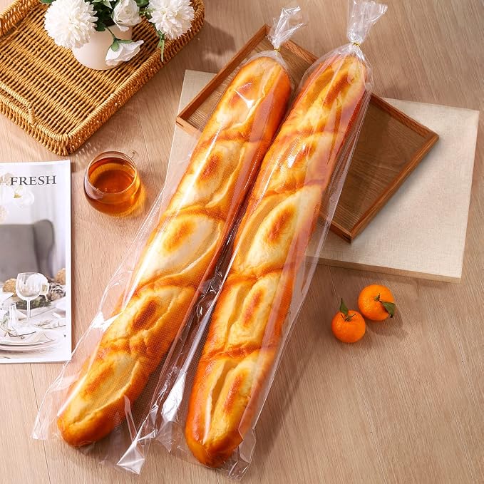 6 x 28 Inch French Bread Bags, 100 Clear Plastic Baugette Long Bags With Free Twist Ties - Mirco Perforated, Thickened, Freezer Safe, Disposable