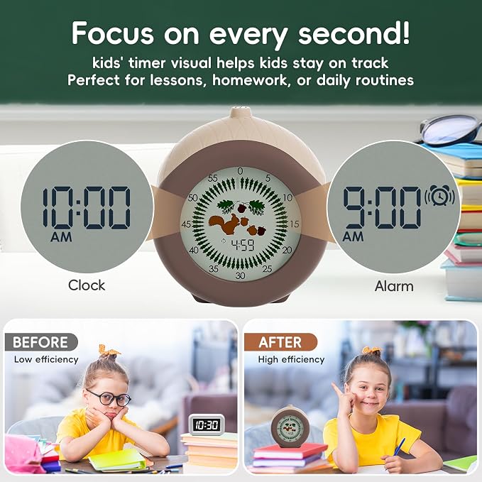 Visual Timer for Kids, 299 Minute Cute Squirrel Timer, Digital Timer with Pause Function, Clock and Alarm for Classroom, Homeschool Supplies Study Teaching Time Management Tool
