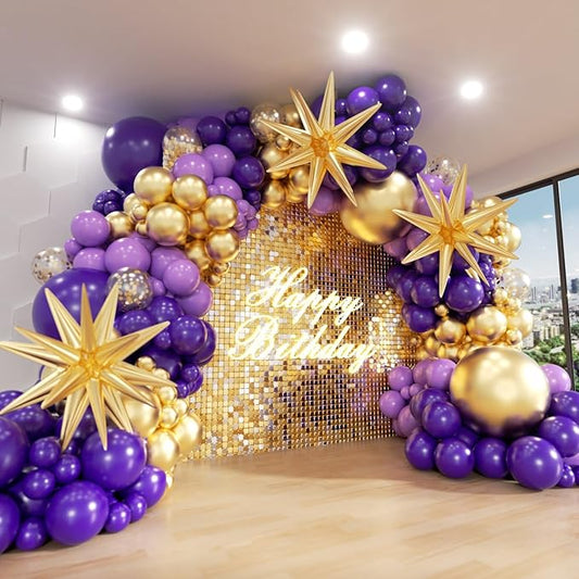 Purple and Gold Balloon Arch Kit, 162Pcs Dark Purple Gold with Stars Balloon Garland kit, Different Size Balloons for Birthday Baby Shower Anniversary Adults Prom Luxury Party Decorations