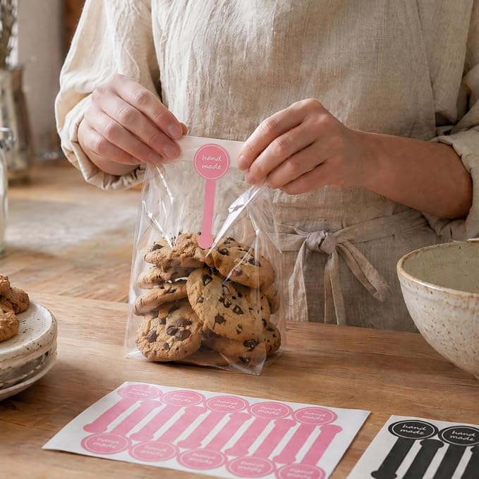 400pcs Handmade Baking Stickers, Bakery Stickers Labels for Packaging, Labels for Baked Goods, Pink + Black