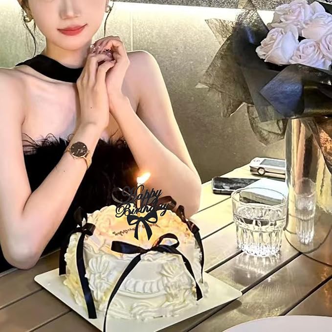 Black Bows for Cake, 12 PCS Black Vintage Ribbon Bow Cake Topper with 1PC Happy Birthday Sign for Coquette Birthday Party Decorations,Happy Birthday Cake Toppers Decorations Accessory for Girls Women.