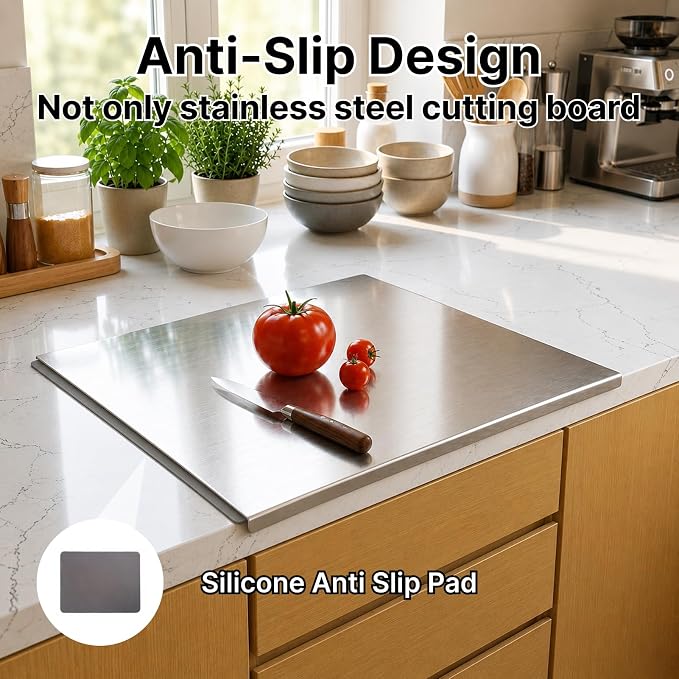 Large Stainless Steel Cutting Board with Lip for Kitchen, Chopping Boards with Grey Non-slip Mat, Cutting Board with Counter Lip for Meat, Fruits, Vegetables, Bread,Dough(15.7" × 11.8")
