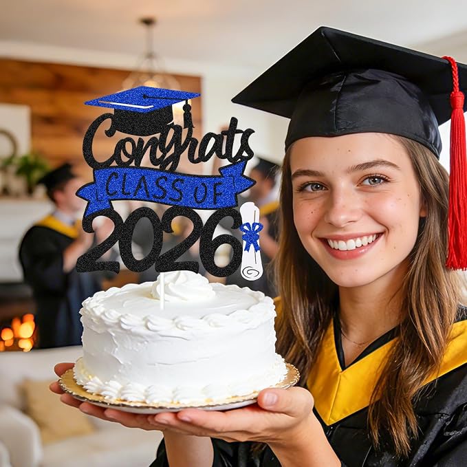 Congrats Class of 2026 Cake Topper Congrats Grad Cap Diploma Theme for High School Happy Graduation Party Supplies College Graduate Decoration (Black and Blue)