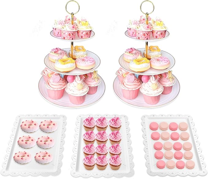 Cake Stand Set-5 Pcs Cupcake Stand Set-Dessert Table Display Set with 2xlarge 3-Tier Cupcake Stands + 3X Appetizer Trays Perfect for Wedding Baby Shower Home Birthday Tea Party Decoration(Round)