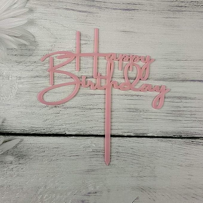 Happy Birthday Cake Topper for Birthday Party Decorations, Pink Acrylic