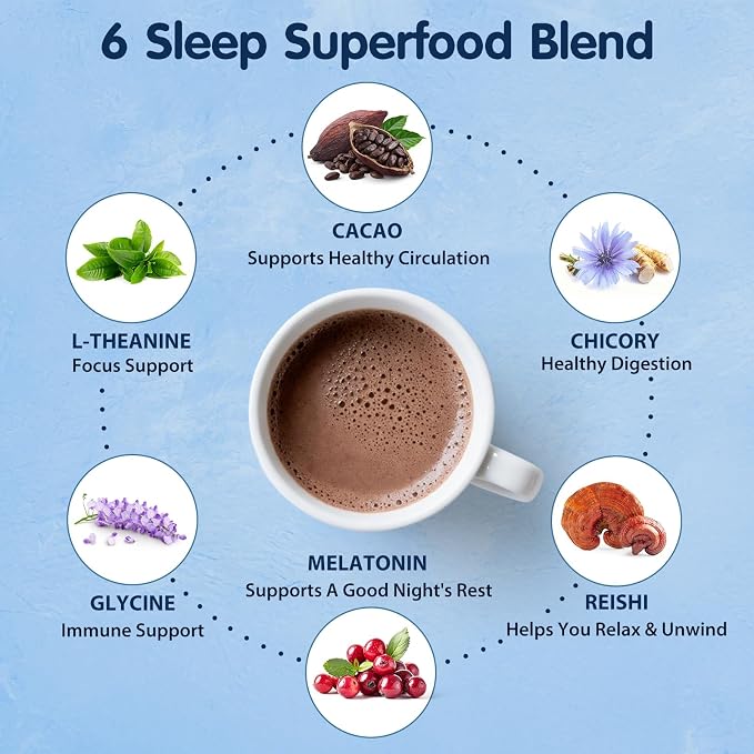 Balincer Mushroom Hot Cocoa Powder, Sleep Supplement with Reishi Mushroom, Melatonin, Glycine, Cacao, L-Theanine, Chicory, Supports Relaxation & Fall Asleep, Vegan, 20 Servings