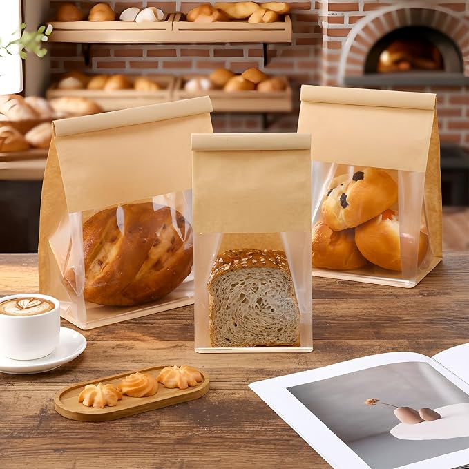 AmazingSpark 100 Pcs Paper Bread Bags with Tin Tie sourdough bread bags Storage Packing Bag with Clear Window for Gifting, Bakery (Brown)
