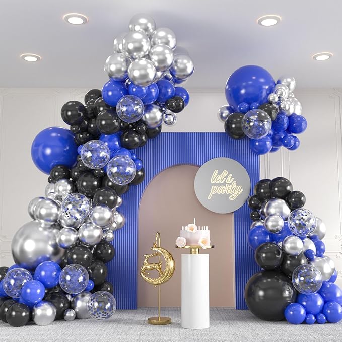 136pcs Blue Black Balloon Garland Kit - 18/12/10/5 Inch Royal Blue, Silver Confetti Balloon Arch Set for New Year, Graduation, Birthday, Father’s Day Decor