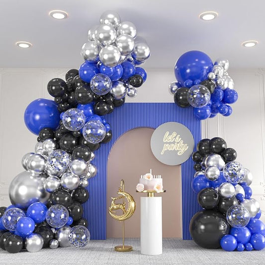 136pcs Blue Black Balloon Garland Kit - 18/12/10/5 Inch Royal Blue, Silver Confetti Balloon Arch Set for New Year, Graduation, Birthday, Father’s Day Decor